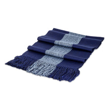 Load image into Gallery viewer, Hand-Woven Striped Fringed Rayon Scarf in Blue Shades - Dual Elegance | NOVICA