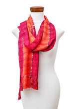 Load image into Gallery viewer, Textured Striped Hand-Loomed Rayon Scarf in Orange and Red - Dazzling Glam | NOVICA