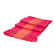 Load image into Gallery viewer, Textured Striped Hand-Loomed Rayon Scarf in Orange and Red - Dazzling Glam | NOVICA