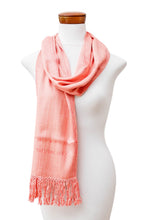 Load image into Gallery viewer, Handwoven Rayon Scarf in Peach and Beige with Fringed Ends - Subtle Reflections | NOVICA