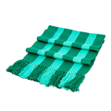 Load image into Gallery viewer, Striped Fringed Hand-Loomed Rayon Scarf in Shades of Green - Stripes of Luxury | NOVICA