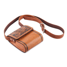 Load image into Gallery viewer, Tan Leather Sling Bag with Embossed Floral Paisley Designs - Timeless Elegance in Tan | NOVICA
