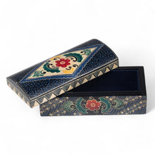 Load image into Gallery viewer, Hand-Carved Floral Rectangular Lined Batik Wood Jewelry Box - Indigo Garden | NOVICA