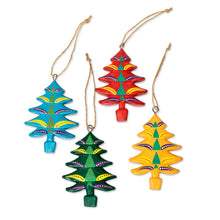 Load image into Gallery viewer, 4 Christmas Pine Tree-Themed Hand-Painted Wood Ornaments - Colorful Pines | NOVICA