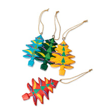 Load image into Gallery viewer, 4 Christmas Pine Tree-Themed Hand-Painted Wood Ornaments - Colorful Pines | NOVICA