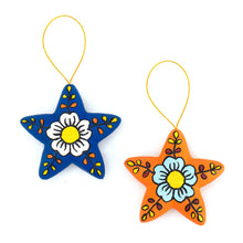 Load image into Gallery viewer, 2 Orange Blue Star Floral-Themed Ceramic Christmas Ornaments - Ayacucho Flowered Stars | NOVICA