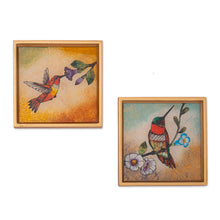 Load image into Gallery viewer, Set of 2 Floral Bird Reverse Painted Glass Coasters - Sunset Hummingbirds | NOVICA