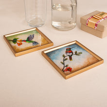 Load image into Gallery viewer, Set of 2 Floral Bird Reverse Painted Glass Coasters - Sunrise Hummingbirds | NOVICA