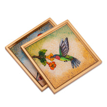 Load image into Gallery viewer, Set of 2 Floral Bird Reverse Painted Glass Coasters - Sunrise Hummingbirds | NOVICA