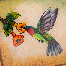 Load image into Gallery viewer, Set of 2 Floral Bird Reverse Painted Glass Coasters - Sunrise Hummingbirds | NOVICA