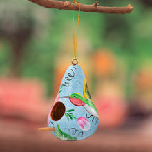 Load image into Gallery viewer, Birdhouse-Shaped Blue Dried Gourd Floral Christmas Ornament - Blue Birdhouse Bloom | NOVICA