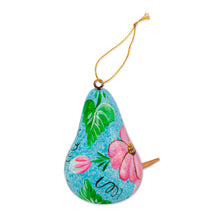 Load image into Gallery viewer, Birdhouse-Shaped Blue Dried Gourd Floral Christmas Ornament - Blue Birdhouse Bloom | NOVICA