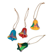 Load image into Gallery viewer, 4 Hand-Carved and Painted Wood Christmas Bell Ornaments - Vibrant Holiday Bells | NOVICA