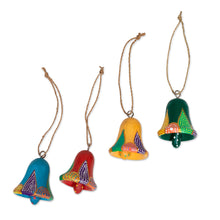 Load image into Gallery viewer, 4 Hand-Carved and Painted Wood Christmas Bell Ornaments - Vibrant Holiday Bells | NOVICA