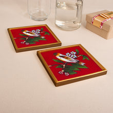 Load image into Gallery viewer, Red and Golden Reverse-Painted Glass Spring Coaster Pair - Passionate Songbird | NOVICA