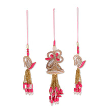 Load image into Gallery viewer, 3 Pink Floral Leaf-Themed Cotton Beaded Christmas Ornaments - Pink Glamour | NOVICA