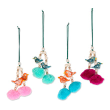 Load image into Gallery viewer, 4 Bird-Themed Wood Beaded Ornaments with Acrylic Pom-Poms - Songs for the Holidays | NOVICA