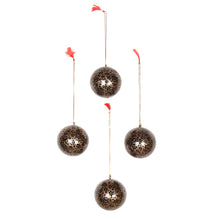 Load image into Gallery viewer, Artisan-Made 4-Piece Floral Black and Golden Ornament Set - Midnight Cheers | NOVICA