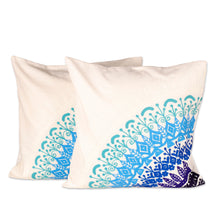 Load image into Gallery viewer, Leafy Blue and Turquoise Mandala Cotton Cushion Cover Pair - Divine Orchard | NOVICA