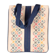 Load image into Gallery viewer, Folk Art-Themed White and Blue 100% Cotton Shoulder Bag - Paths to Midnight | NOVICA