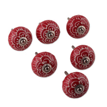 Load image into Gallery viewer, Hand-Painted Red 6-Piece Floral Ceramic Knob Set from India - Bouquet in Red | NOVICA