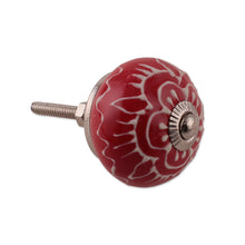 Load image into Gallery viewer, Hand-Painted Red 6-Piece Floral Ceramic Knob Set from India - Bouquet in Red | NOVICA