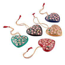 Load image into Gallery viewer, Floral Hand-Painted 5-Piece Papier Mache Heart Ornament Set - Kashmir Love | NOVICA
