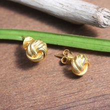 Load image into Gallery viewer, High-Polished 18k Gold-Plated Yarn Button Earrings from Bali - Weaving Victory | NOVICA