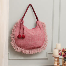Load image into Gallery viewer, Zippered Blush Pink and Red 100% Linen Hobo Bag with Fringes - Blush & Bold | NOVICA