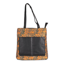 Load image into Gallery viewer, Leather-Accented Orange Silk Tote Bag with Kantha Embroidery - Sophisticated Saffron | NOVICA