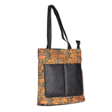 Load image into Gallery viewer, Leather-Accented Orange Silk Tote Bag with Kantha Embroidery - Sophisticated Saffron | NOVICA