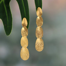 Load image into Gallery viewer, Textured Drop-Shaped 22k Gold-Plated Brass Dangle Earrings - Victorious Shower | NOVICA