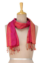 Load image into Gallery viewer, Hand-Woven Striped Silk Scarf with Fringes in Orange and Red - Sunset Stripes | NOVICA