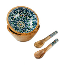 Load image into Gallery viewer, Floral Tile-Themed Wood Salad Bowl Serving Spoon 4-Piece Set - Tide of Mosaics | NOVICA