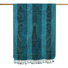 Load image into Gallery viewer, Paisley and Floral-Themed Jacquard Wool Shawl in Blue Shades - Paisley Symphony | NOVICA