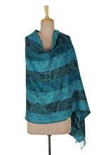 Load image into Gallery viewer, Paisley and Floral-Themed Jacquard Wool Shawl in Blue Shades - Paisley Symphony | NOVICA