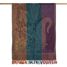 Load image into Gallery viewer, Paisley Botanical-Themed Bollywood-Style Fringed Wool Shawl - Twilight Paisley Harmony | NOVICA