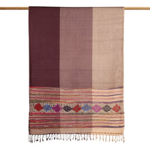 Load image into Gallery viewer, Striped Jacquard Woven Rayon Shawl with Geometric Embroidery - Earthy Harmony | NOVICA