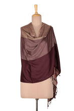 Load image into Gallery viewer, Striped Jacquard Woven Rayon Shawl with Geometric Embroidery - Earthy Harmony | NOVICA