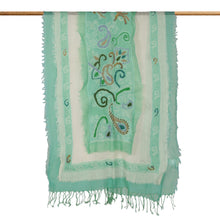 Load image into Gallery viewer, Wool Cotton Blend Shawl with Floral and Paisley Embroidery - Mint Meadow | NOVICA