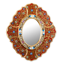 Load image into Gallery viewer, Unique Red and Gold Reverse Painted Glass Wall Mirror - Floral Crimson | NOVICA