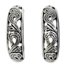 Load image into Gallery viewer, Handmade Sterling Silver Half Hoop Earrings - Moon in the Forest | NOVICA