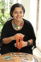 Load image into Gallery viewer, Handmade Recycled Paper and Glass Bead Chandelier Earrings - Floral Twirl