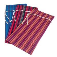 Load image into Gallery viewer, Colorful Handwoven Cotton Wine Bottle Bags (Set of 3) - Cheers | NOVICA