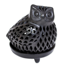 Load image into Gallery viewer, Artisan Crafted Black Pottery Tealight Candle Holder - Glowing Owl | NOVICA