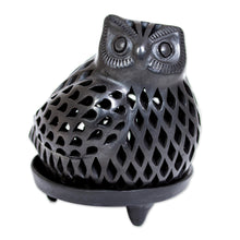 Load image into Gallery viewer, Artisan Crafted Black Pottery Tealight Candle Holder - Glowing Owl | NOVICA