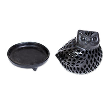 Load image into Gallery viewer, Artisan Crafted Black Pottery Tealight Candle Holder - Glowing Owl | NOVICA
