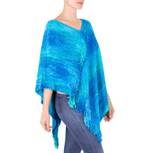 Load image into Gallery viewer, Blue Hand Woven Cotton Blend Poncho - Magical Lagoon | NOVICA