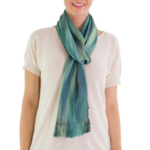 Load image into Gallery viewer, Hand Woven Rayon Scarf in Light and Dark Green - Iridescent Emerald | NOVICA