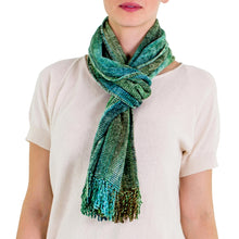Load image into Gallery viewer, Teal and Blue Backstrap Loom Rayon Chenille Scarf - Precious Teal | NOVICA